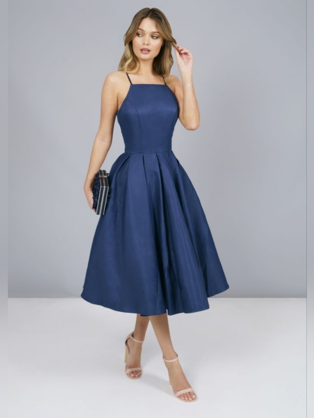 Chi Chi London Cassandra Navy A-Line Midi Dress with Square Neckline NWR